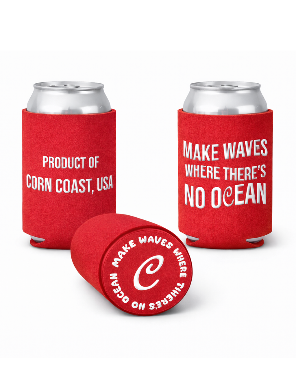 Corn Coast Co. Drink Koozie holding 12oz can on white background – Make Waves design