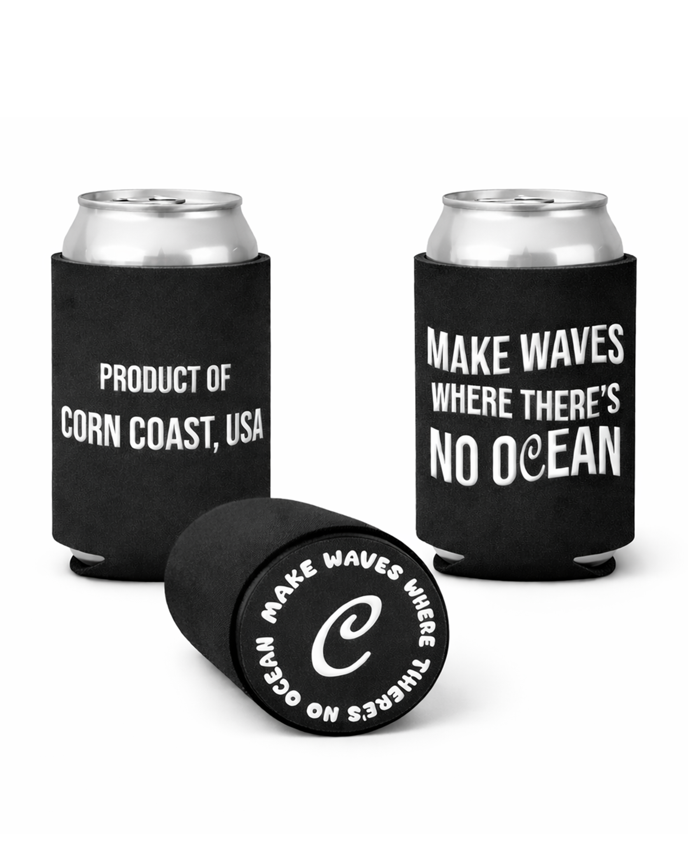 Corn Coast Co. Drink Koozie holding 12oz can on white background – Make Waves design