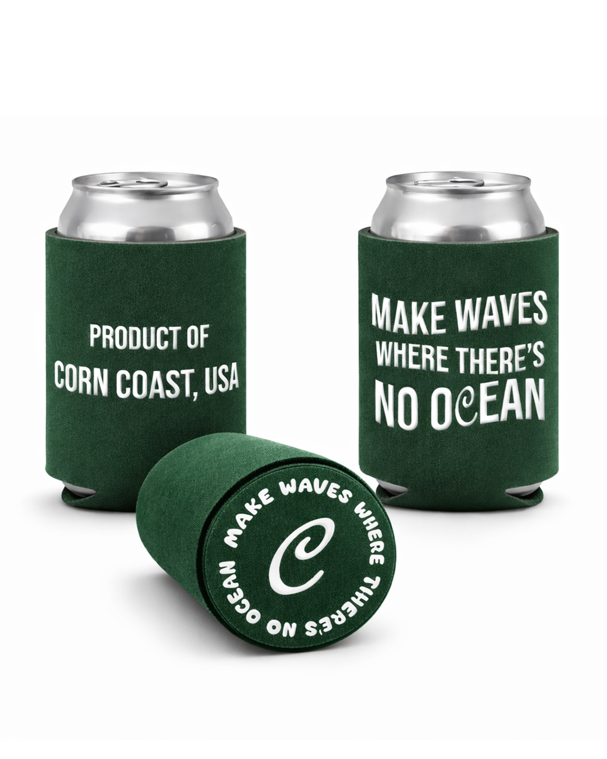 Corn Coast Co. Drink Koozie holding 12oz can on white background – Make Waves design