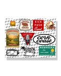 Corn Coast Co. Nebraska matte vinyl sticker sheet 8.5x11 featuring vintage postcard, Corny mascot, Nebraska badge, script logo and tight die cut decals on white background
