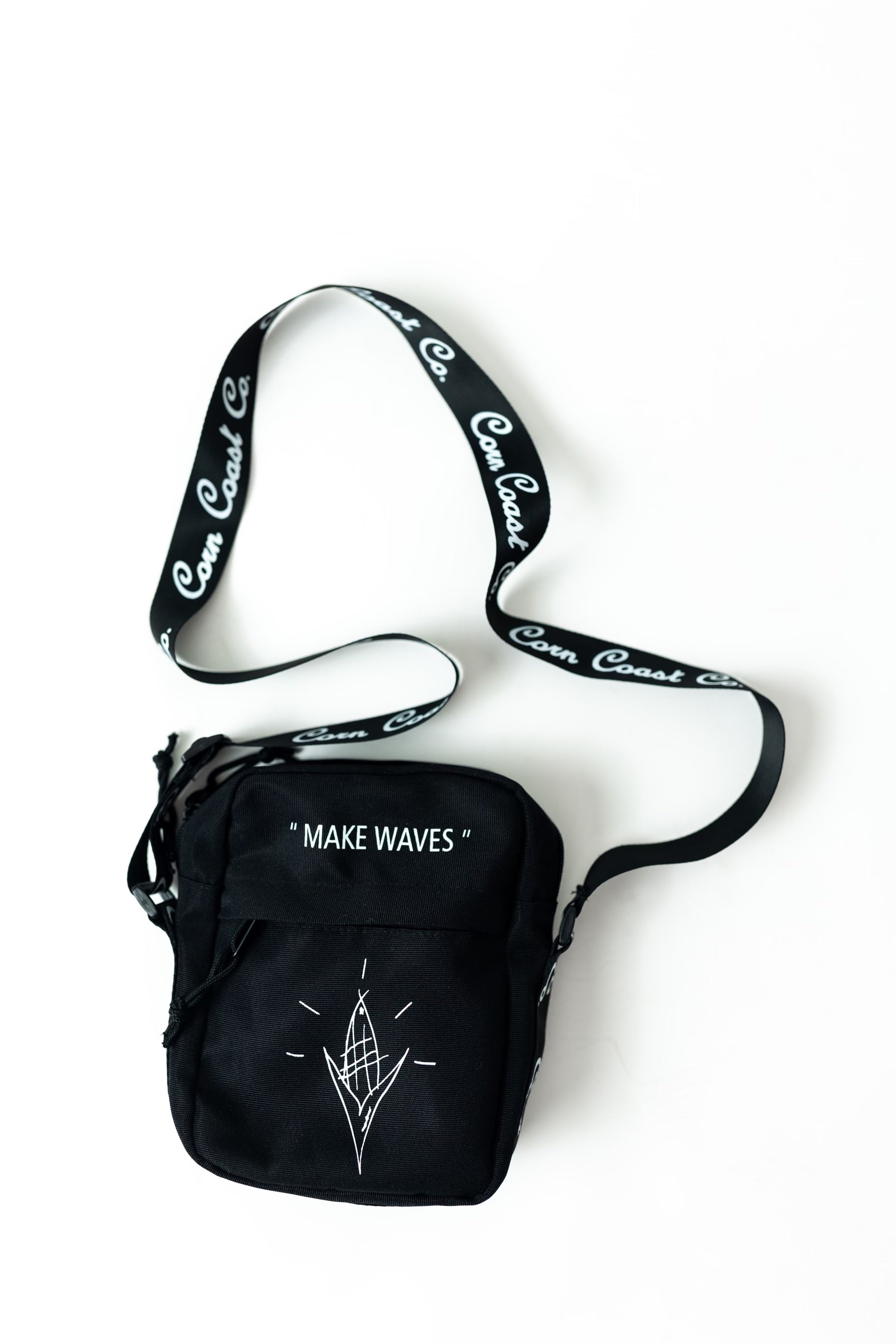 Make Waves Shoulder Bag by Corn Coast Co – black embroidered beanie